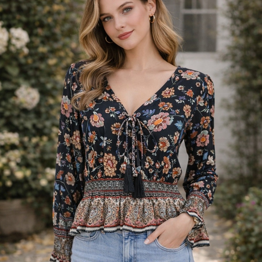 VTG Forever 21‎ y2k medium black brown floral babydoll bell peasant cottage fall